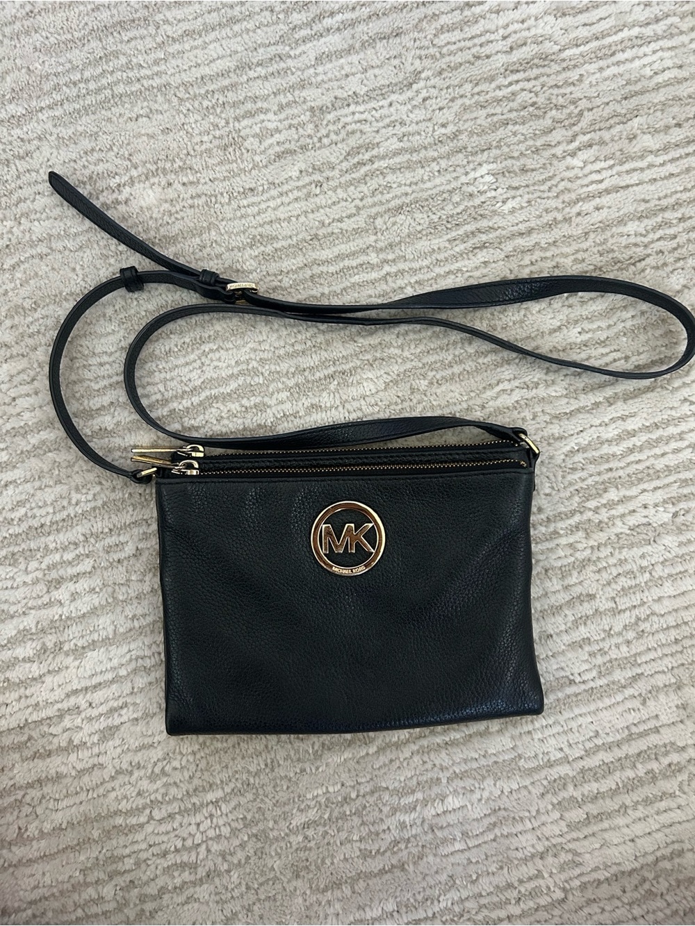 Michael Kors Black Leather Crossbody with Gold MK Emblem